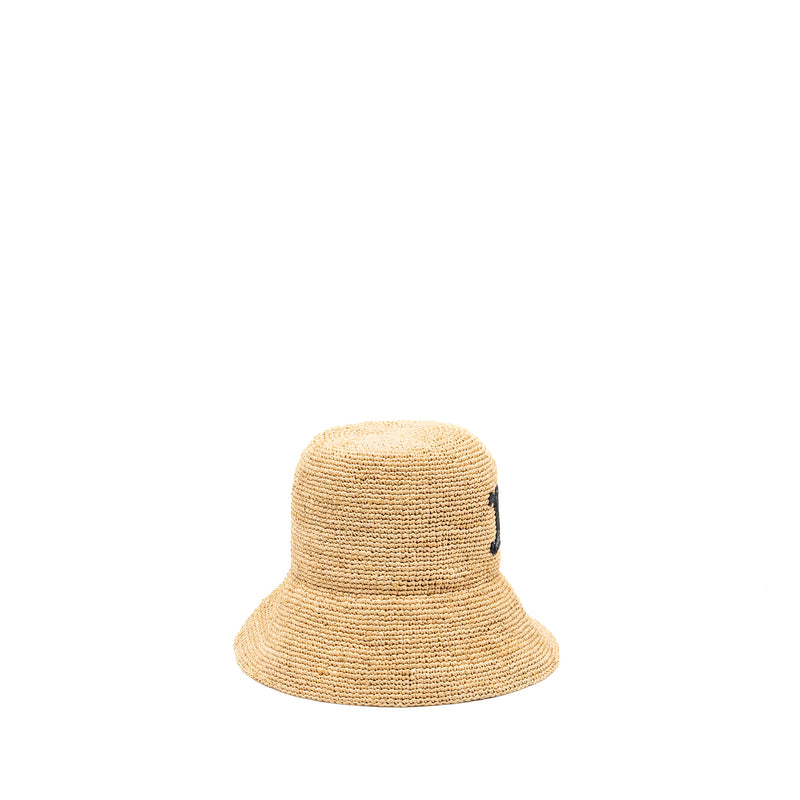 CELINE Size S Triomphe Bucket Hat In Raffia Natural/Black