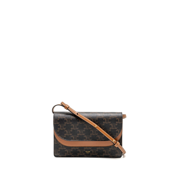 Celine Wallet On Strap Triomphe Canvas / Smooth Lambskin Tan GHW