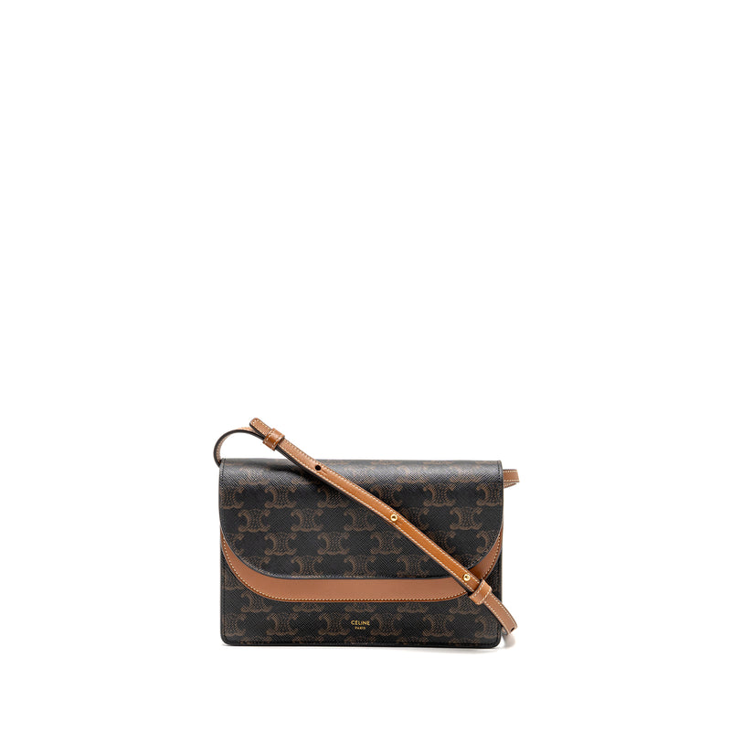 Celine Wallet On Strap Triomphe Canvas / Smooth Lambskin Tan GHW