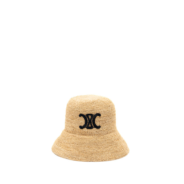 CELINE Size S Triomphe Bucket Hat In Raffia Natural/Black