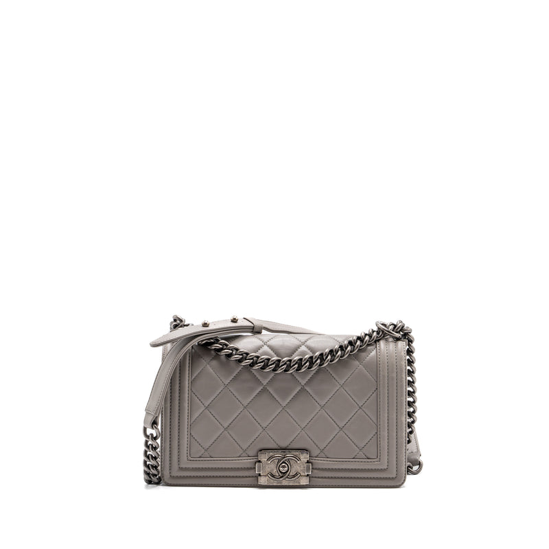 Chanel Medium Boy Bag Calfskin Grey Ruthenium Silver Hardware