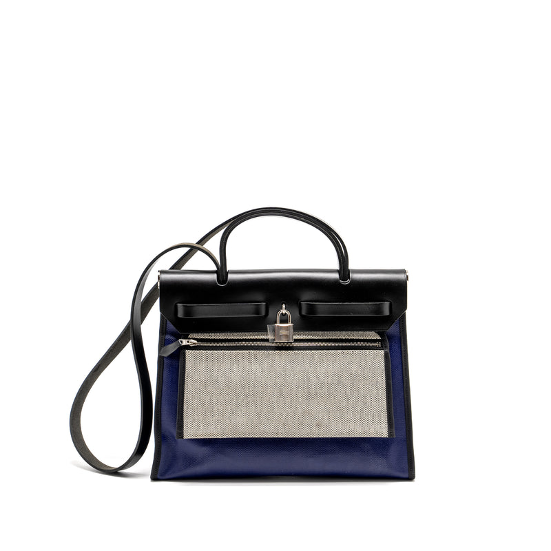 Hermes Herbag 31 Zip Bag Tolie H Berline Canvas/Vache Hunter Blue Encre/Black SHW Stamp C