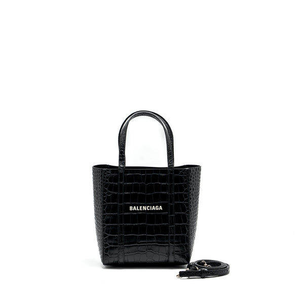 Balenciaga XXS Everyday Tote Bag Croc-Embossed Calfskin Black SHW