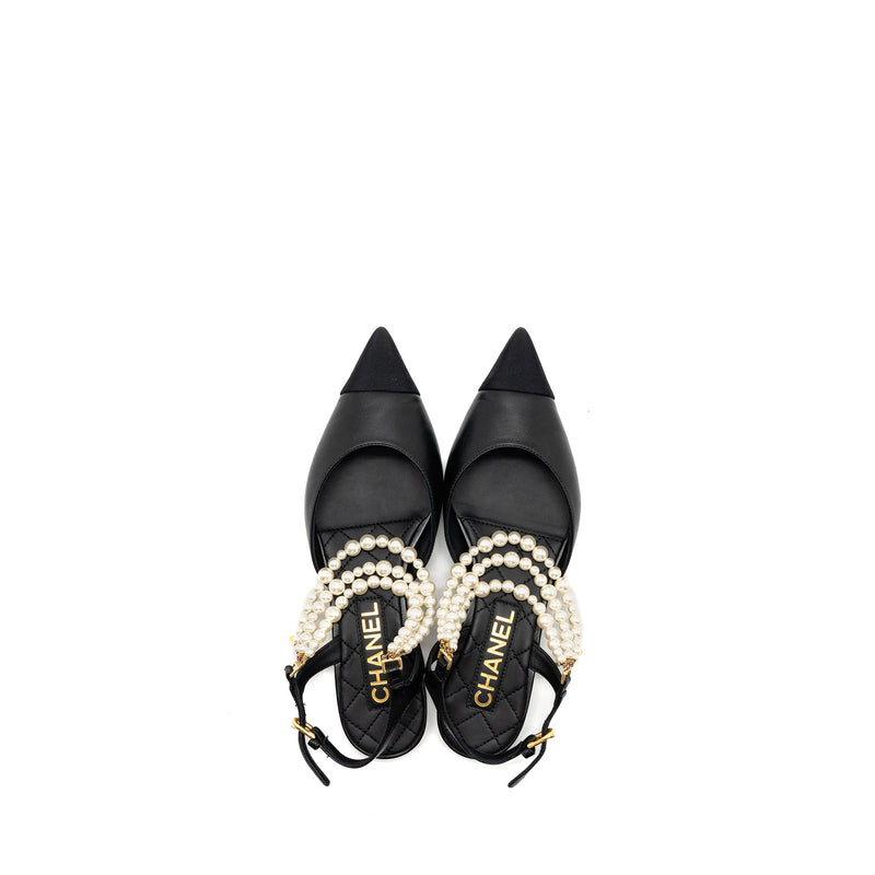 Chanel 22A Size 37.5 Slingback Mules with Pearls Lambskin Black LGHW
