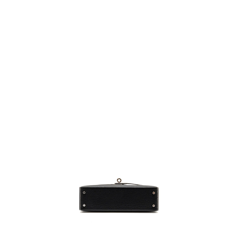 Hermes Mini Kelly II special order Chevre Mysore black / gris perle white stitching SHW stamp W