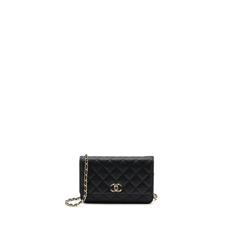 Chanel 23k Detailed CC Logo Wallet On Chain Caviar Black LGHW (microchip)