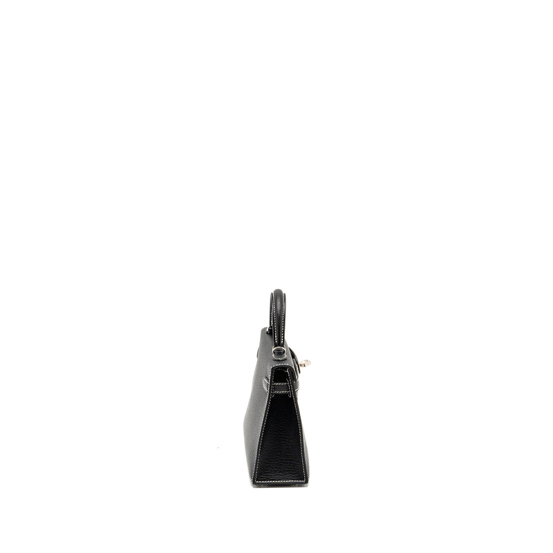 Hermes Mini Kelly II special order Chevre Mysore black / gris perle white stitching SHW stamp W