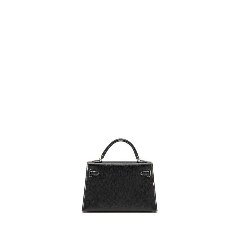 Hermes Mini Kelly II special order Chevre Mysore black / gris perle white stitching SHW stamp W