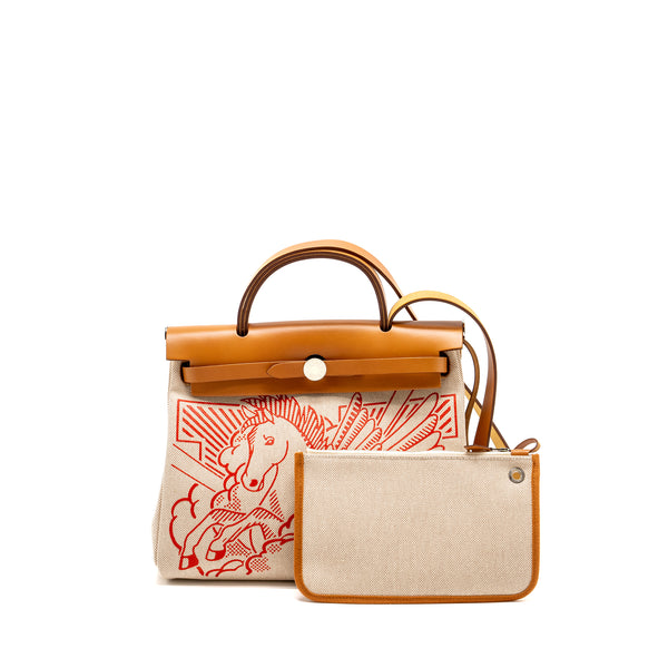 Hermes Herbag Zip 31 Pegase Pop Canvas/Hunter Capucine/Ecru-Beige/Nature SHW Stamp Z