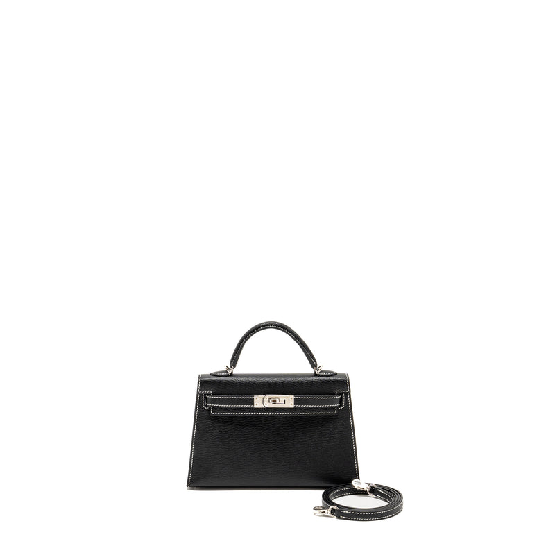 Hermes Mini Kelly II special order Chevre Mysore black / gris perle white stitching SHW stamp W