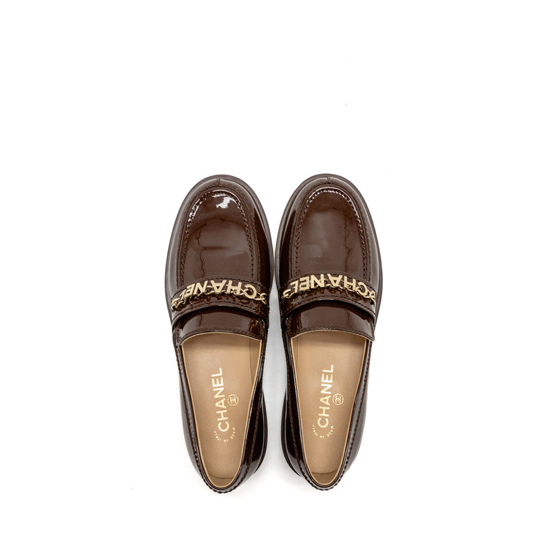 Chanel Size 40 Letter Logo Loafers Patent Calfskin Dark Brown LGHW