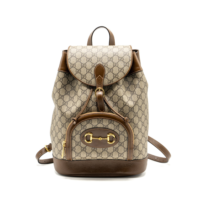 Gucci 1955 Horsebit backpack GG supreme canvas / calfskin brown GHW