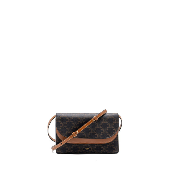 Celine Wallet On Strap Triomphe Canvas/ Lambskin Tan GHW