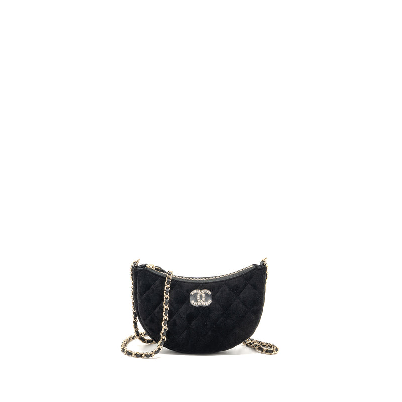 Chanel Quilted Crystal Mini Hobo Crossbody Bag Velvet Black LGHW (microchip)