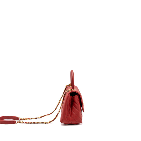 Chanel Small Coco Handle Chevron Caviar Red Brushed GHW