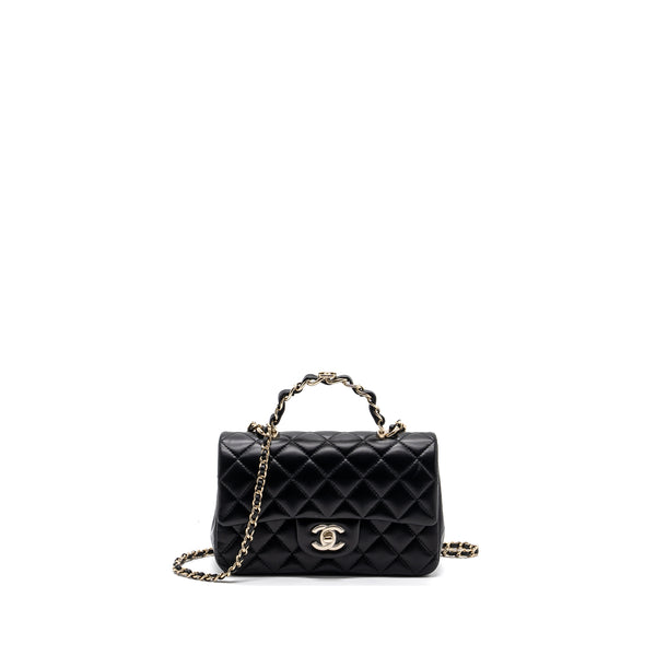 Chanel 23K Leather Chain Top Handle Mini Rectangular Flap Bag Lambskin Black LGHW (microchip)