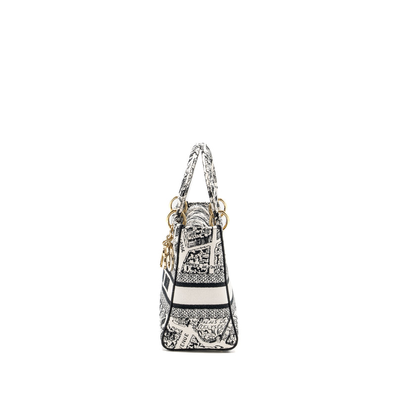 Dior Medium Lady D-lite Bag Plan De Paris Embroidery Canvas Black/White LGHW