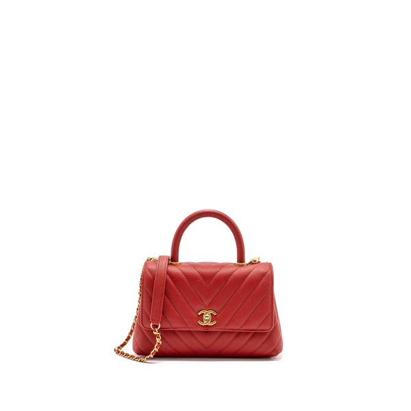 Chanel Small Coco Handle Chevron Caviar Red Brushed GHW