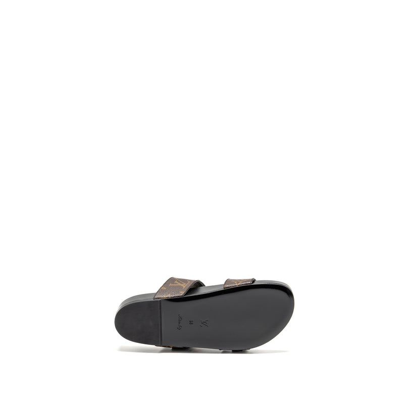 Louis Vuitton Size 38 Bom Dia Flat Comfort Mule Patent Monogram Canvas Cacao Brown GHW