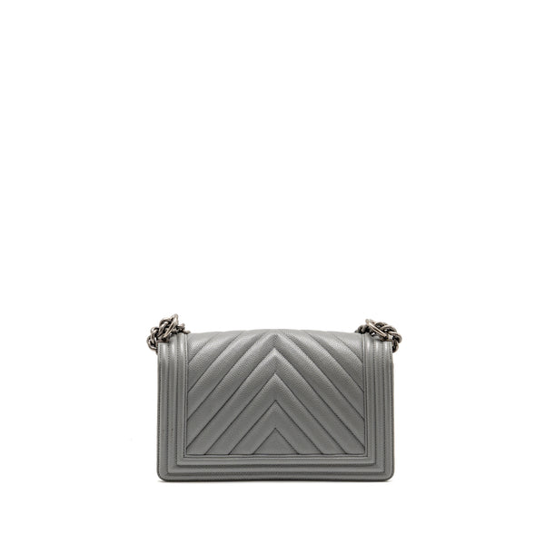 Chanel Medium Boy Bag Chevron Caviar Grey Ruthenium Silver Hardware