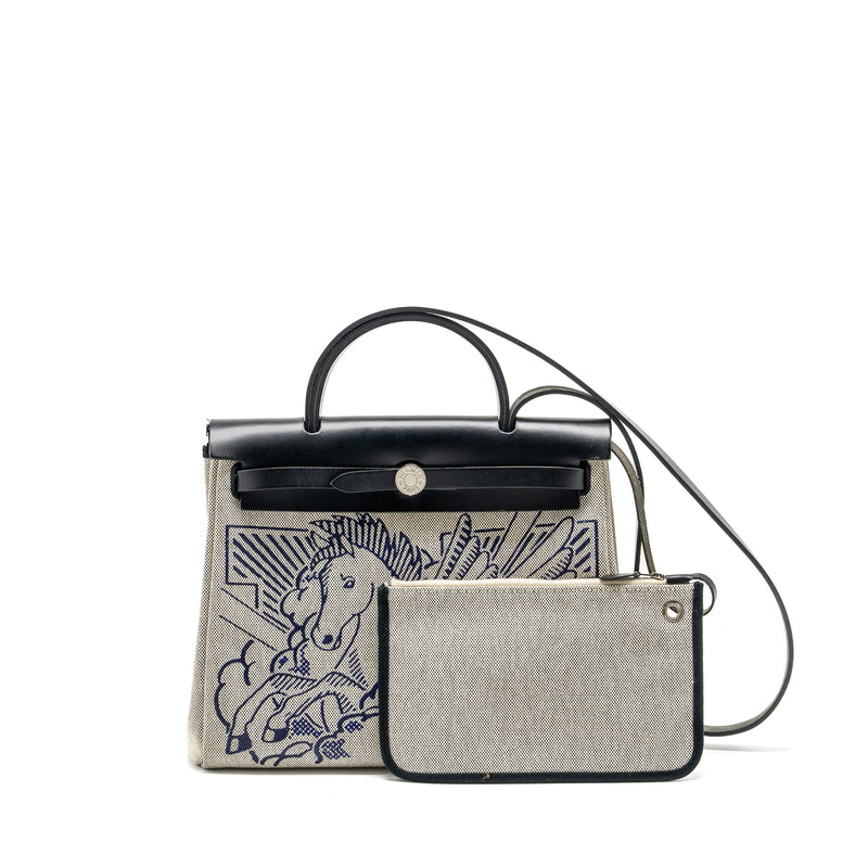 Hermes Herbag 31 Zip Bag Canvas/Hunter Blue Indigo/Ecru-Noir/Noir SHW Stamp D