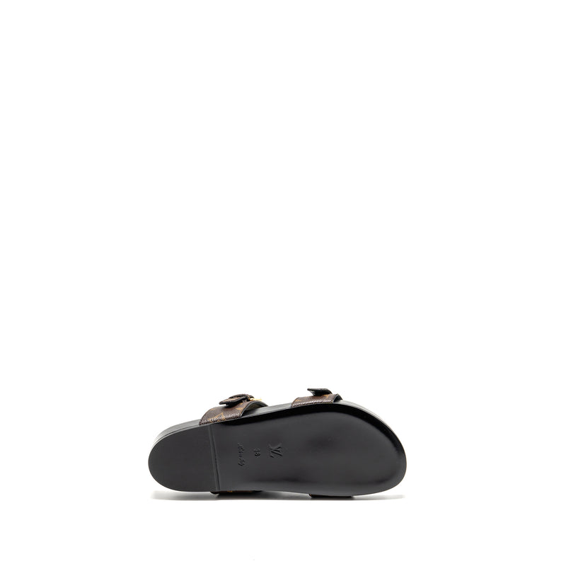 Louis Vuitton Size 38 Bom Dia Flat Comfort Mule Patent Monogram Canvas Cacao Brown GHW