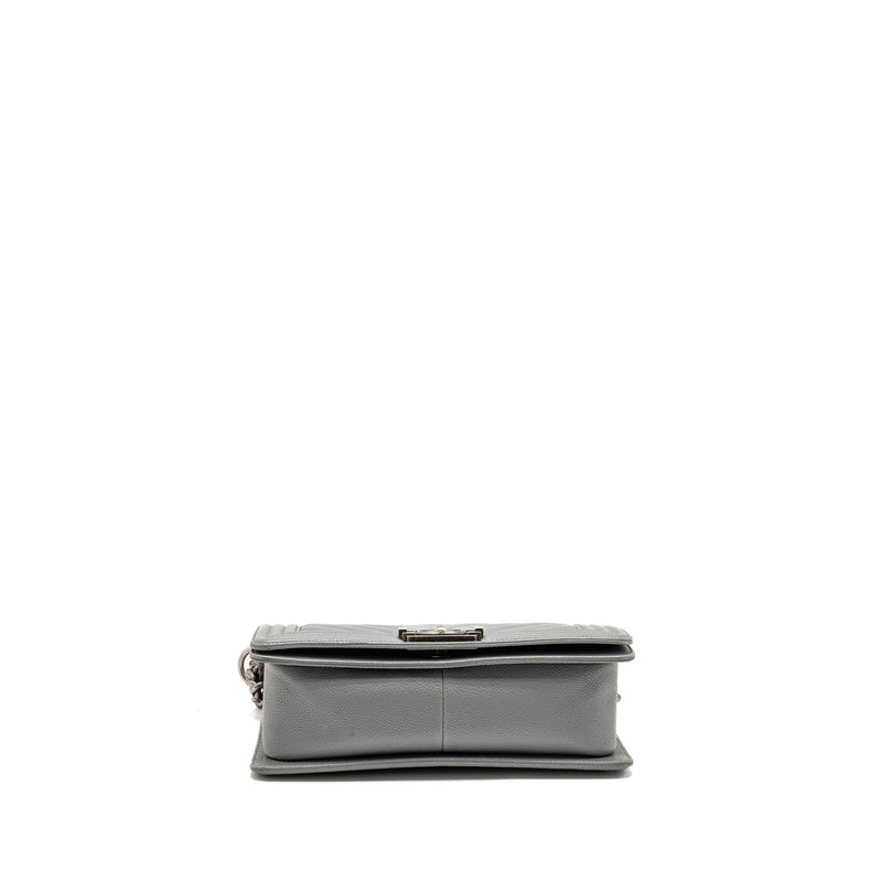 Chanel Medium Boy Bag Chevron Caviar Grey Ruthenium Silver Hardware