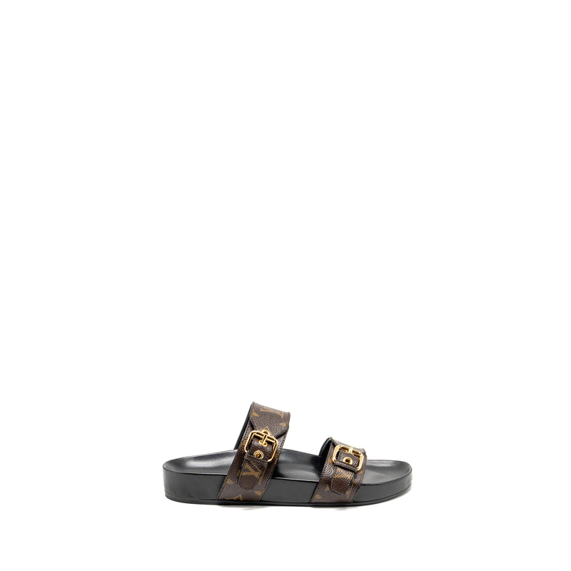 Louis Vuitton Size 38 Bom Dia Flat Comfort Mule Patent Monogram Canvas Cacao Brown GHW