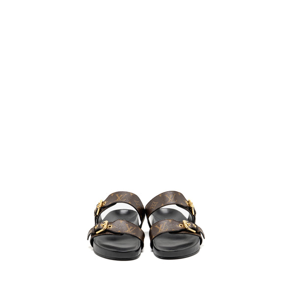 Louis Vuitton Size 38 Bom Dia Flat Comfort Mule Patent Monogram Canvas Cacao Brown GHW