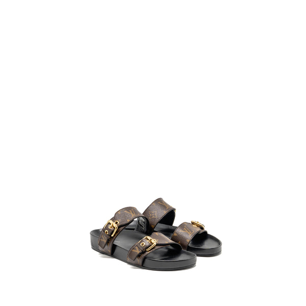 Louis Vuitton Size 38 Bom Dia Flat Comfort Mule Patent Monogram Canvas Cacao Brown GHW