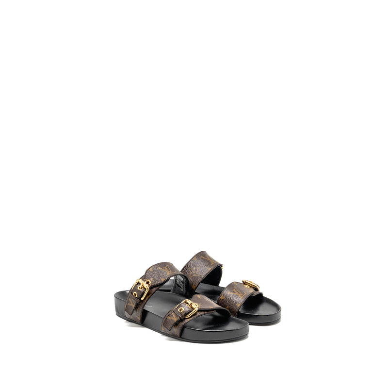 Louis Vuitton Size 38 Bom Dia Flat Comfort Mule Patent Monogram Canvas Cacao Brown GHW