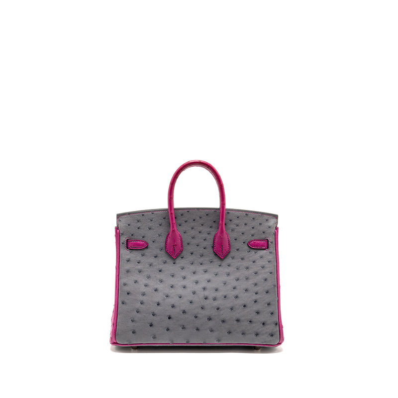 Hermes Birkin 25 special order ostrich Gris Agate / rose purple brushed SHW stamp Y