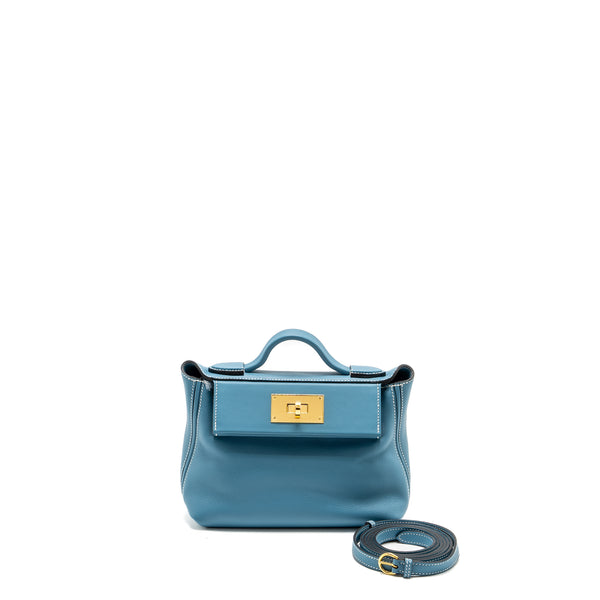 Hermes Mini 24/24 2424-21 Bag Evercolor/Swift New Bleu Jean GHW Stamp B