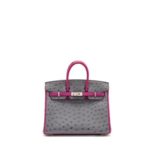 Hermes Birkin 25 special order ostrich Gris Agate / rose purple brushed SHW stamp Y