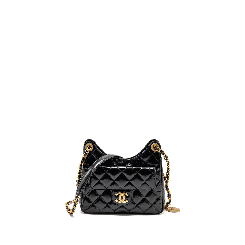 Chanel 23C Small Hobo Bag Shiny Calfskin Black Brushed GHW (Microchip)