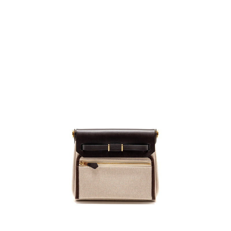 Hermes Herbag Mini Canvas/ Hunter Leather Ecru-Beige/Ebene GHW Stamp W