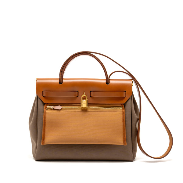 Hermes Herbag 31 zip bag canvas / hunter leather etoupe / dune / fauve GHW stamp Z