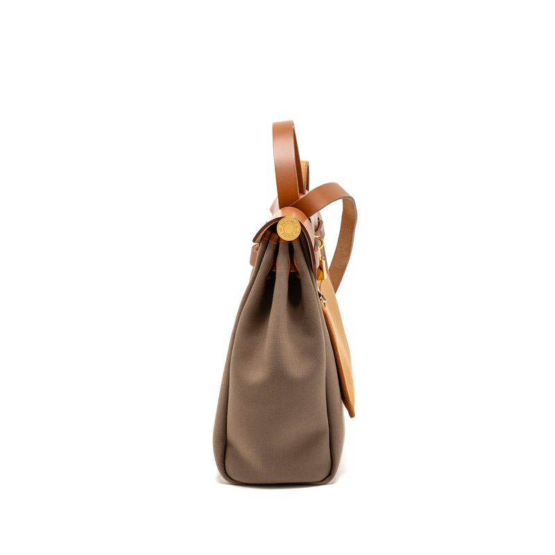 Hermes Herbag 31 zip bag canvas / hunter leather etoupe / dune / fauve GHW stamp Z