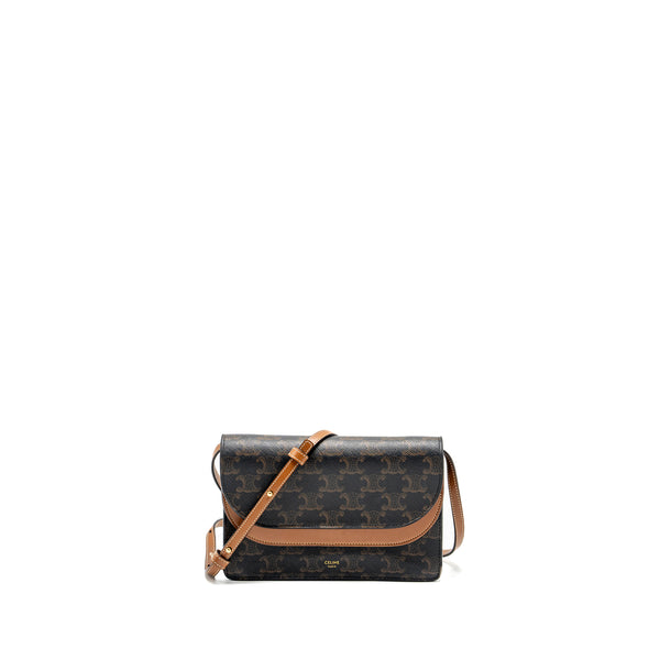 Celine Wallet on strap Triomphe Canvas / Smooth Lambskin Tan GHW