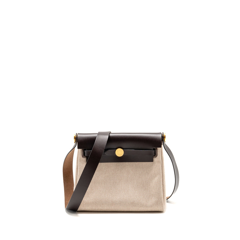 Hermes Herbag Mini Canvas/ Hunter Leather Ecru-Beige/Ebene GHW Stamp W