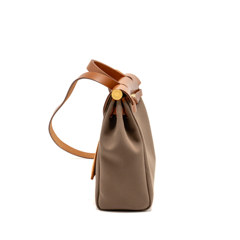 Hermes Herbag 31 zip bag canvas / hunter leather etoupe / dune / fauve GHW stamp Z