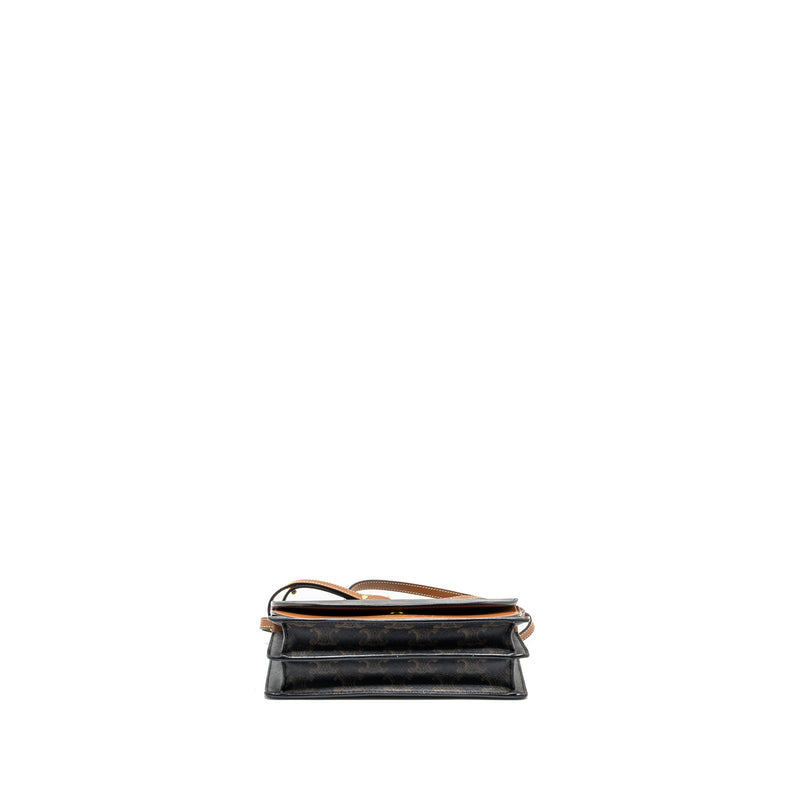 Celine Wallet on strap Triomphe Canvas / Smooth Lambskin Tan GHW