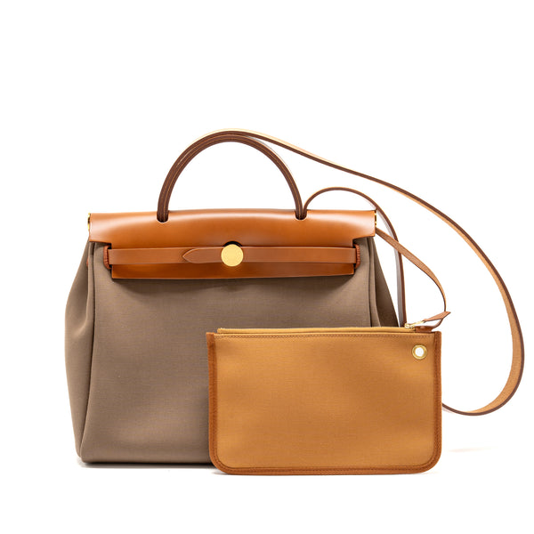 Hermes Herbag 31 zip bag canvas / hunter leather etoupe / dune / fauve GHW stamp Z