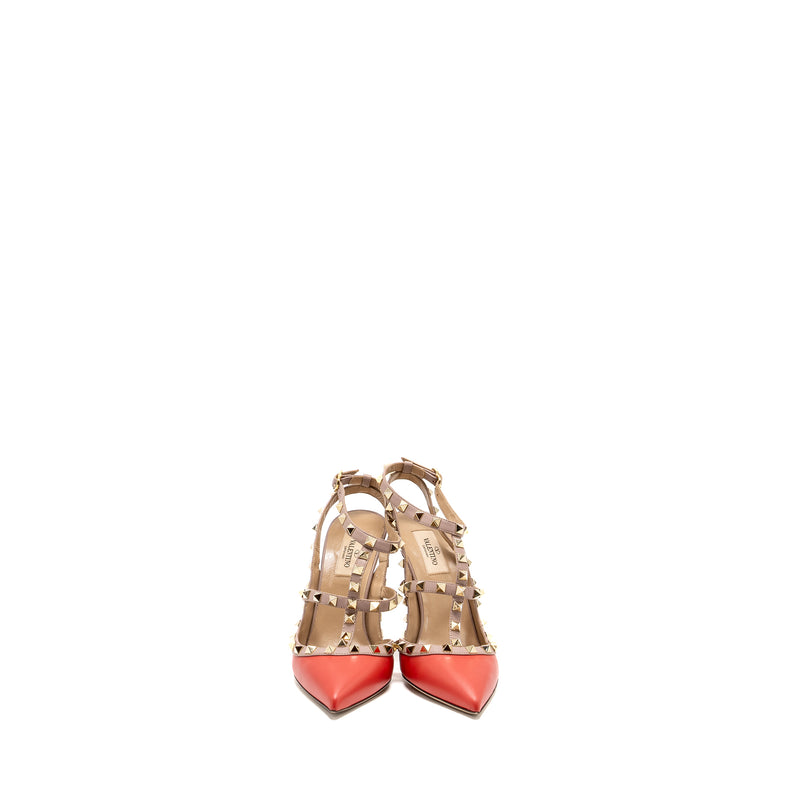 Valentino Size 39 Garavani Rockstud Slingback Heels Leather Orange Red