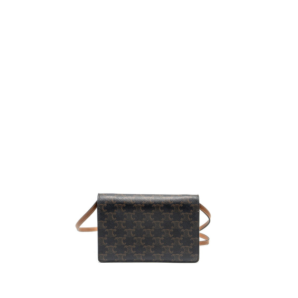 Celine Wallet on strap Triomphe Canvas / Smooth Lambskin Tan GHW