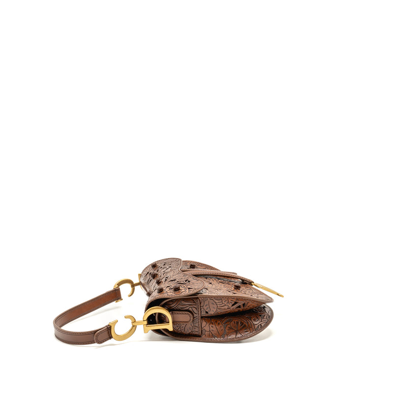 Dior Medium Saddle Bag Laser-cut Floral Calfskin Brown GHW