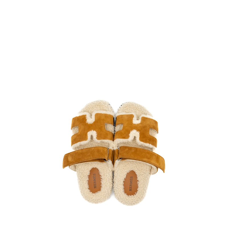 Hermes Size 37.5 Chypre Sandals Chèvre Goatskin /Shearling Naturel / Ecru