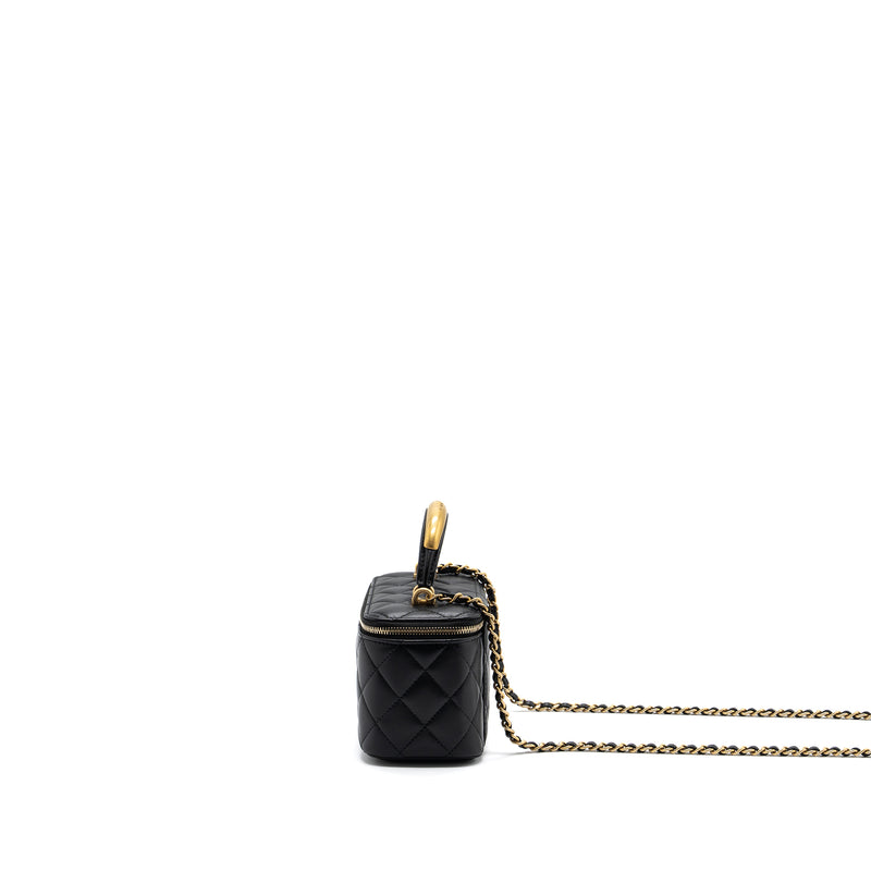 Chanel Top Handle Long Vanity With Chain Lambskin Black GHW(Microchip)