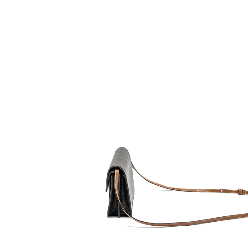 Celine Wallet on strap Triomphe Canvas / Smooth Lambskin Tan GHW