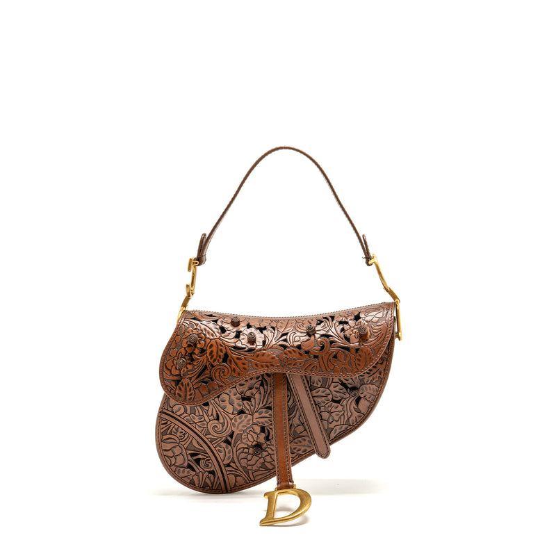 Dior Medium Saddle Bag Laser-cut Floral Calfskin Brown GHW